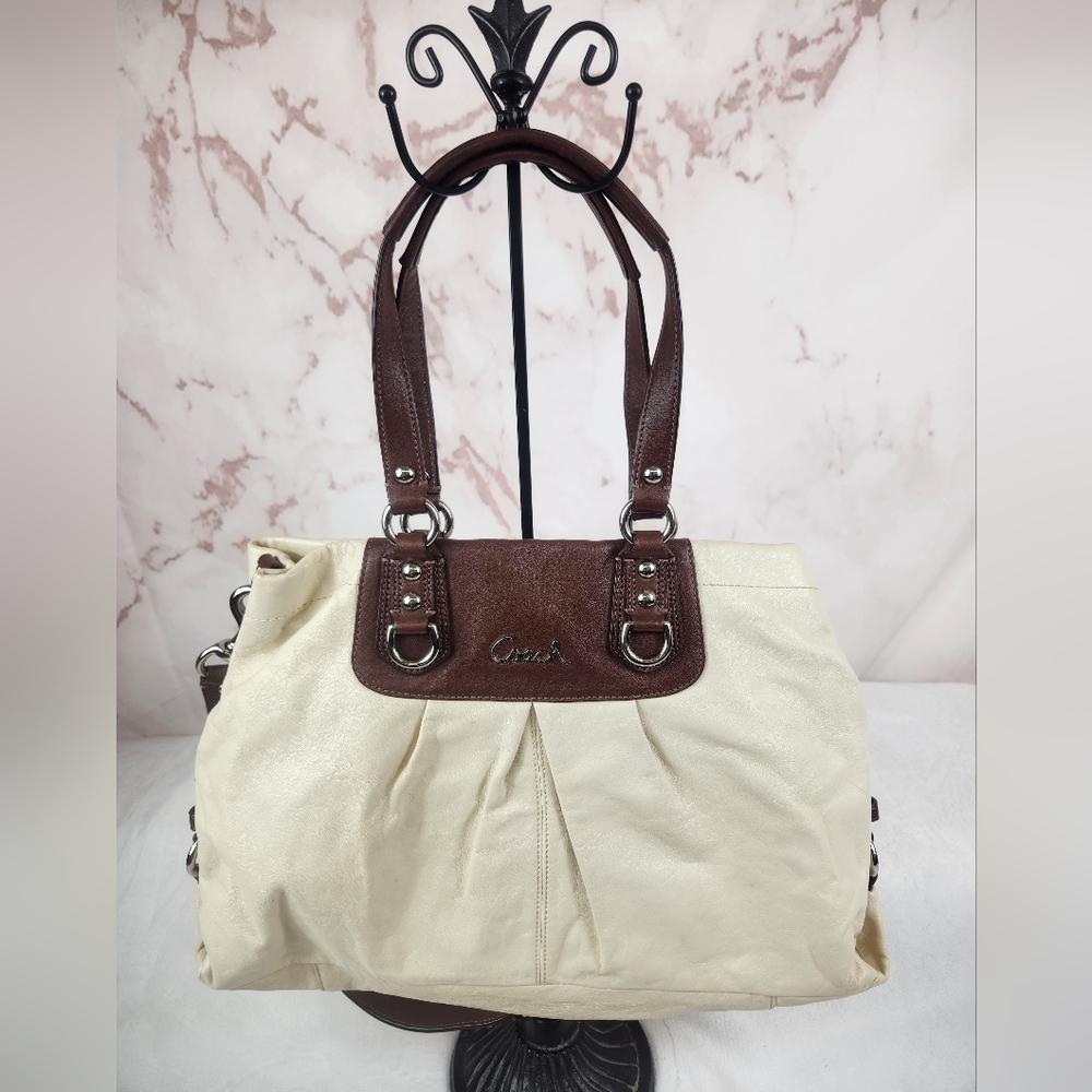 Coach Ashley Pleated Front Leather Tote Bag in Beige with Brown Trim #F15513
